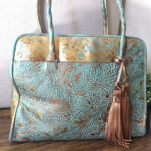 PATRICIA NASH METALLIC TURQUOISE TOOLLED LEATHER S SATCHEL EUC
